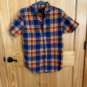 HURLEY Men’s Small Plaid Orange Blue and Brown Short Sleeve Shirt